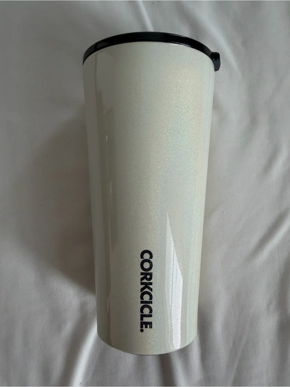 Disney White Glitter Corkcicle Tumbler with Multicolor Castle Crest